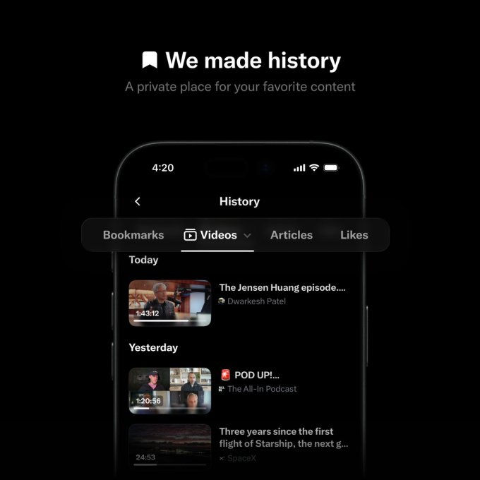 X launches a History tab for bookmarks, likes, videos, and articles