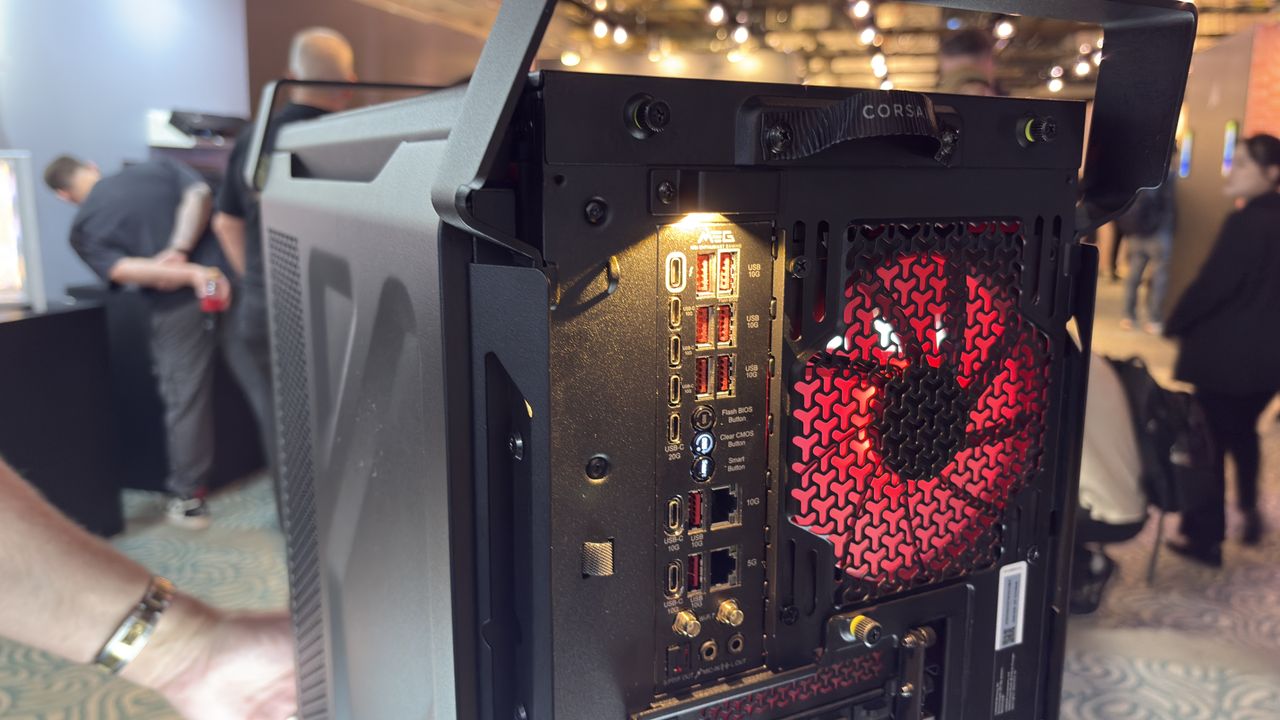 Corsair's fighter jet-inspired case comes with a switch to toggle a light above the rear IO panel